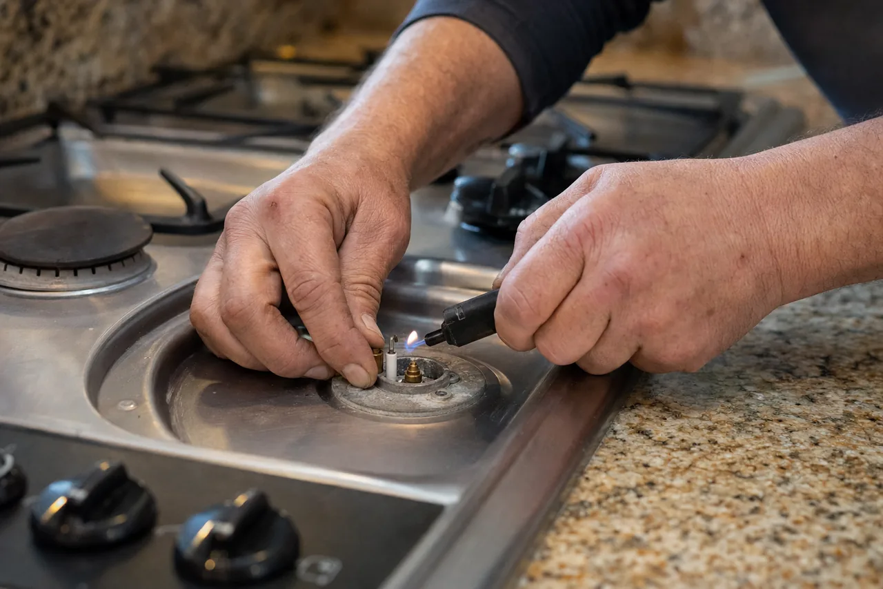 Technician adjusting a gas cooktop burner mid-repair