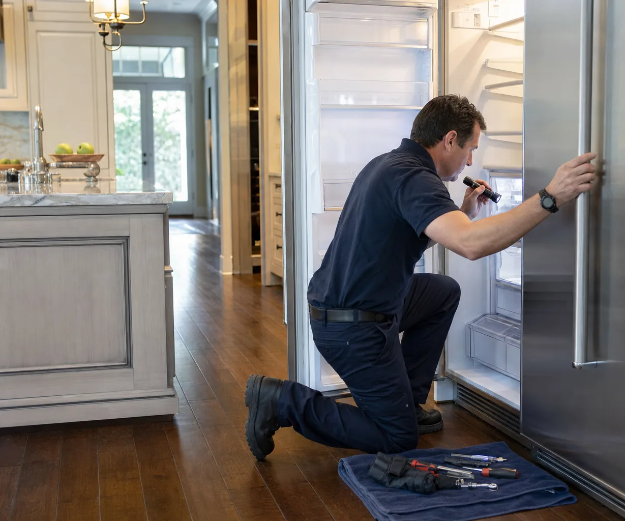 Technician repairing a built-in refrigerator mid-repair