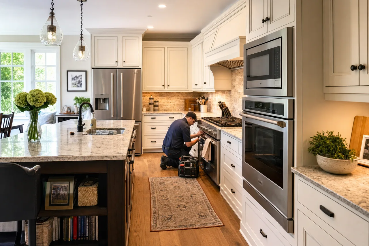 A bright Larchmont kitchen with a built-in Sub-Zero refrigerator and a Wolf range