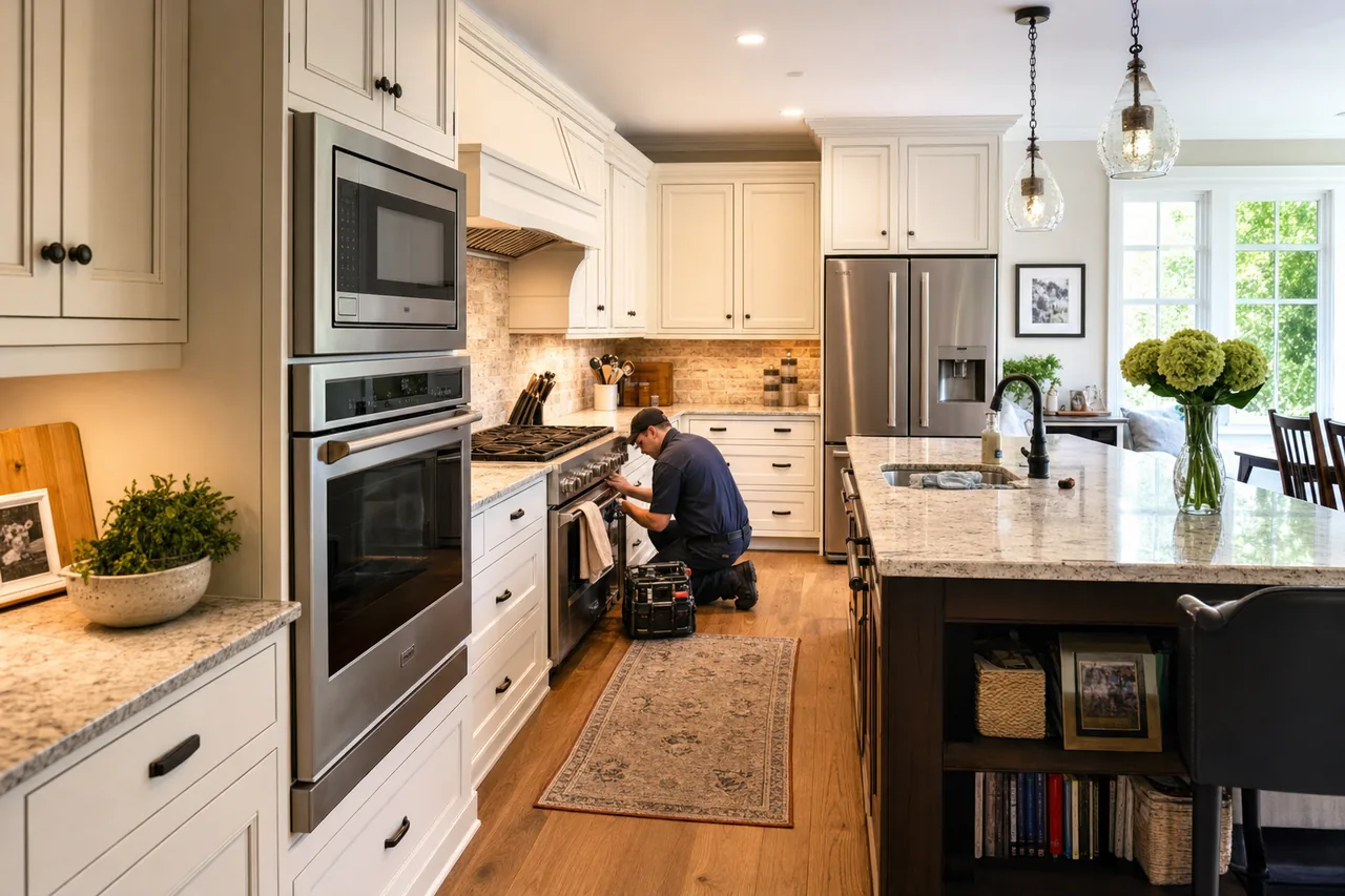 A luxury kitchen with built-in stainless appliances mid-repair