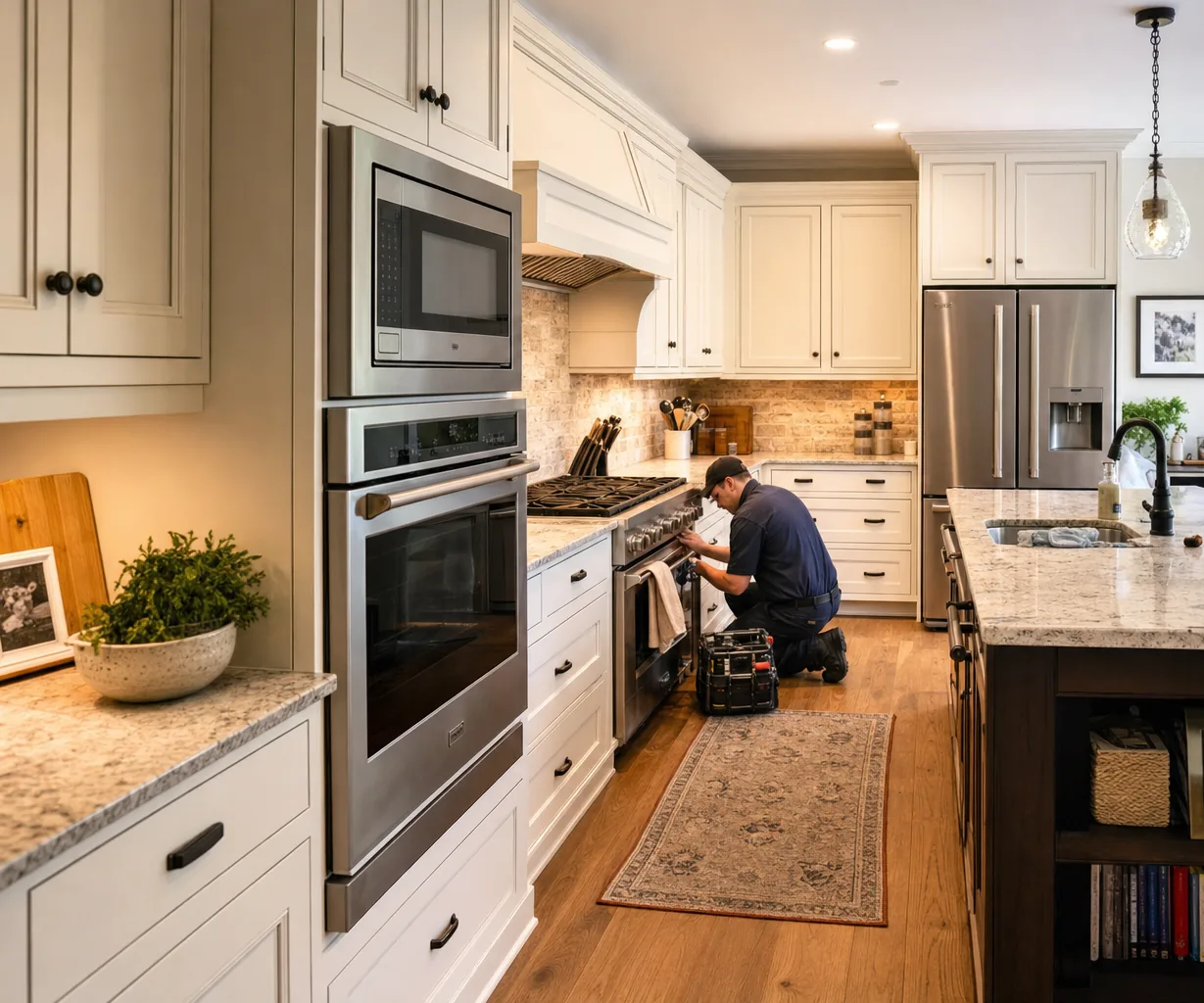 A luxury kitchen with built-in stainless appliances