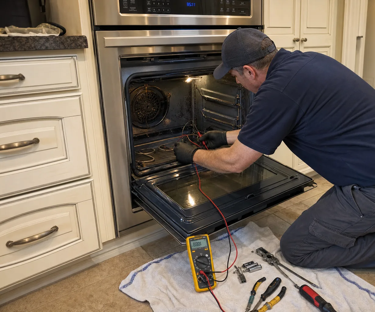 Technician servicing a built-in wall oven on a same-day visit